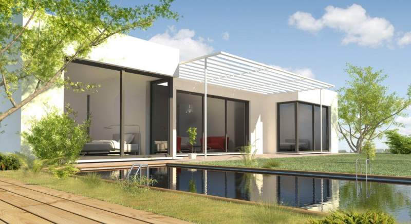 CONSTRUCTION CONTEMPORAINE DE PLAIN PIED AVEC GRANDES BAIES VITREES ET PISCINE maisons eugie modèle plain pied contemporain moderne décoration façade toiture pente 33% toit pin lat matériaux régionaux construction traditionnelle tarn et garonne montauban