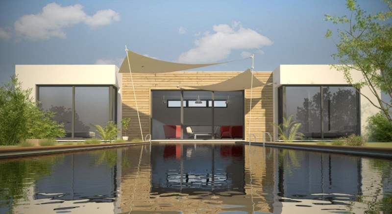 maisons eugie modèle avec piscine plain pied contemporain moderne décoration façade bardage bois toiture pente 33% matériaux régionaux construction traditionnelle tarn et garonne montauban